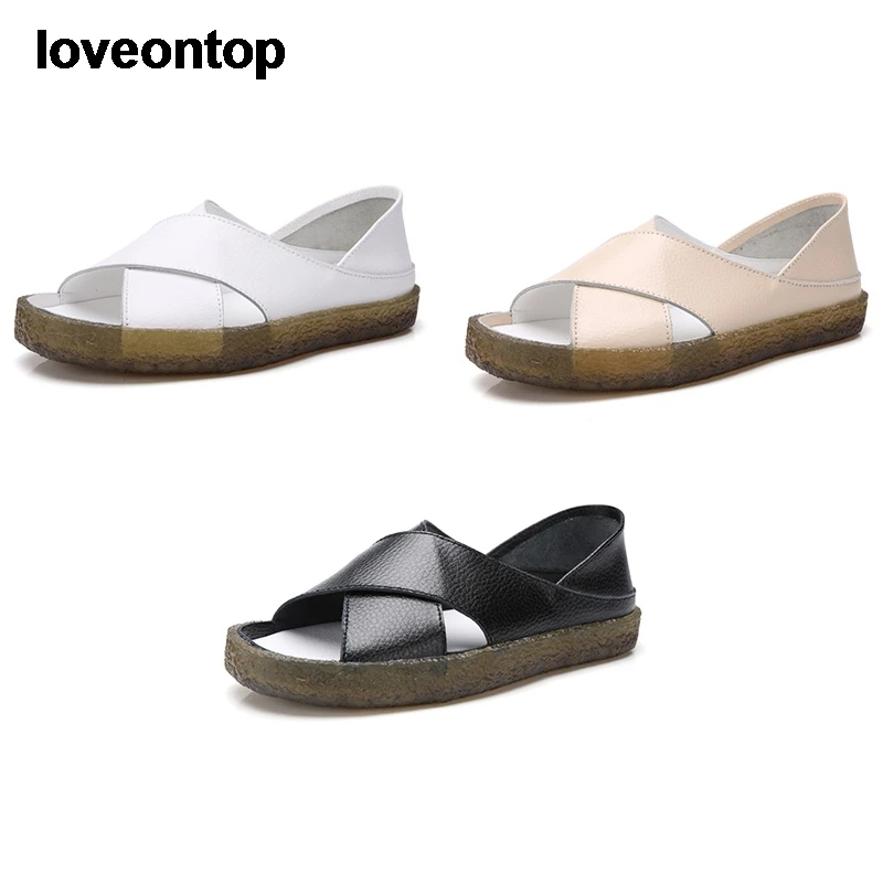 Loveontop Verão as Mulheres Sandálias de Couro Macio Sapatos Preto Senhoras Deslizamento em Flats, Sandálias