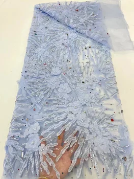 2023 3D Azul Flor de Tecido do Laço Com Pérolas de Alta Qualidade francês Pesado Cordão de Tule Tecido Africano Para a Festa de Casamento Vestido de Costura 1