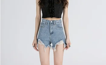2023 Primavera/Verão, as Mulheres da Nova Cintura Alta Slim Borda áspera Picante de Uma linha de Jeans, Shorts Hot Pants Perfurados Calças