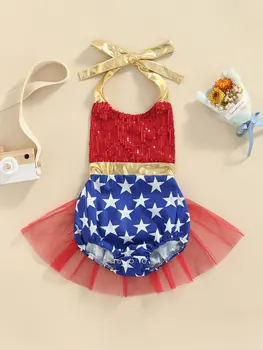 Bandeira americana de Impressão sem Mangas até o Romper do Vestido com Paetês e Tule Saia Tutu para Bebê Menina Perfeita para o dia 4 de julho de Celebração