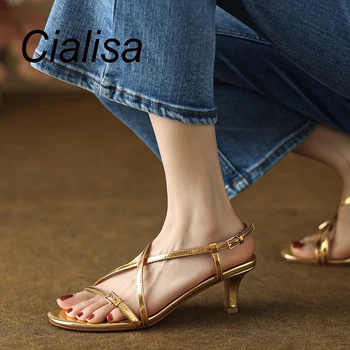 Cialisa Verão Concisa Mulheres Sapatos De 2023 Abra-De-Coleira De Couro Genuíno Sandálias Da Moda Vestido De Fino Salto Alto Feito A Mão Da Senhora Sandália De Ouro