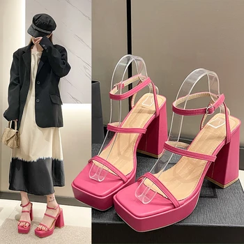 Nova marca de Design de Moda da Mulher de Sandália de Verão do Bloco de Salto Alto Plataforma Sandálias Feminino Pulseira de Tornozelo Sapatos Calçados femininos Praça calcanhar