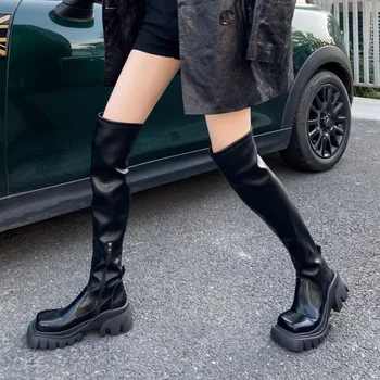 Nova marca de Senhoras Chunky Salto Alto Coxa Botas Altas de Moda Plataforma Sólida de mulheres Sobre O Joelho Botas Casuais e Confortáveis Sapatos de Mulher